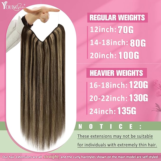YoungSee 130G Wire Hair Extensions for Women Highlight Dark Brown with Blonde Wire Hair Extensions Dark Brown Fish Line Hair Extension Remy Hair 22inch