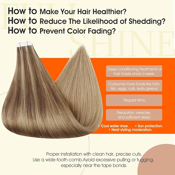 Full Shine Hair Extensions Real Human Hair Tape ins Long Remy Tape in Extensions Color Golden Brown And Golden Blonde 20Inch Invisible Skin Weft 50Gram Straight for Party Double Sided