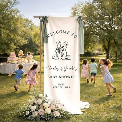 Personalized Bear Baby Shower Fabric Welcome Sign Hello Baby Linen Backdrop | - Image 4
