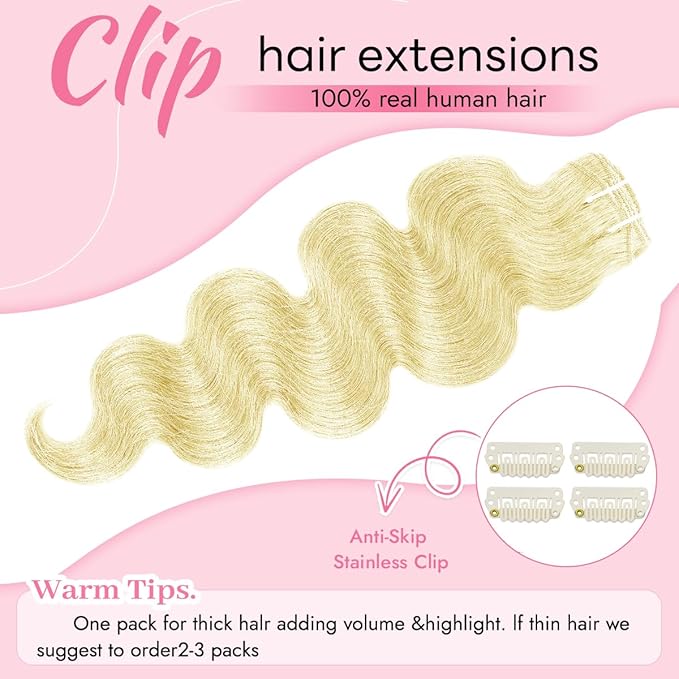 Clip in Hair Extensions Real Human Hair Body Wave 613 Bleach Blonde Clip in 100% Brazilian Remy Human Hair Extensions 8pcs Per Set with 18 Clips Double Weft 18 Inch 100g/3.6oz