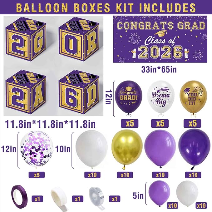 Graduation Decorations 2026 Purple and Gold Balloon Boxes, Class of 2026 GRAD - Image 2