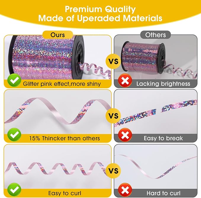 Pink Curling Ribbon, 500 Yard Shiny Metallic Curling Ribbon - Image 2