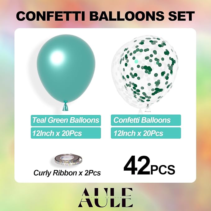 AULE 42Pcs Metallic 12 Inch Green Confetti Balloons Set | Teal Green Party - Image 3