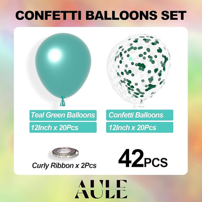 AULE 42Pcs Metallic 12 Inch Green Confetti Balloons Set | Teal Green Party - Image 3