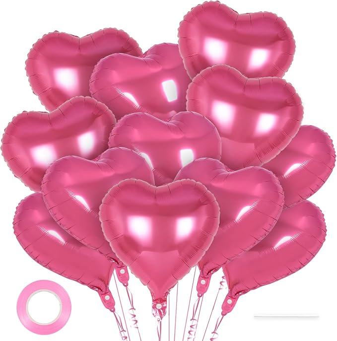 12 Pcs Deep Pink Heart Balloons, 18 Inch Heart Foil Balloons Love Balloon by YOTHORN