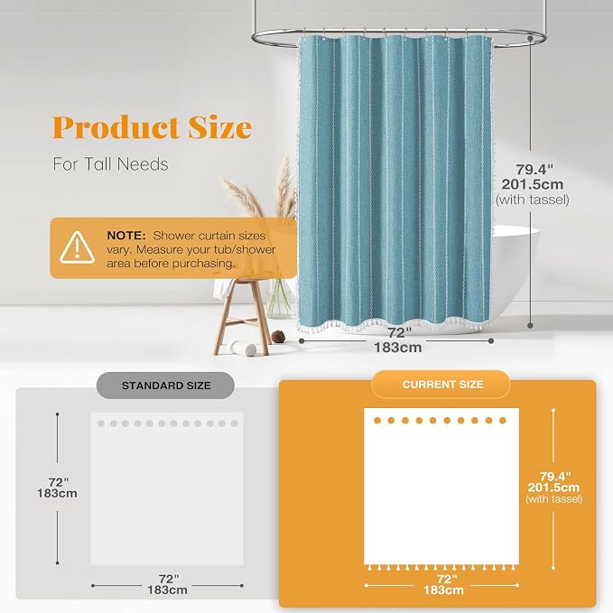72x78 Long Boho Farmhouse Linen Heavy Duty Cloth Shower Curtain, Teal | Tall - Image 3
