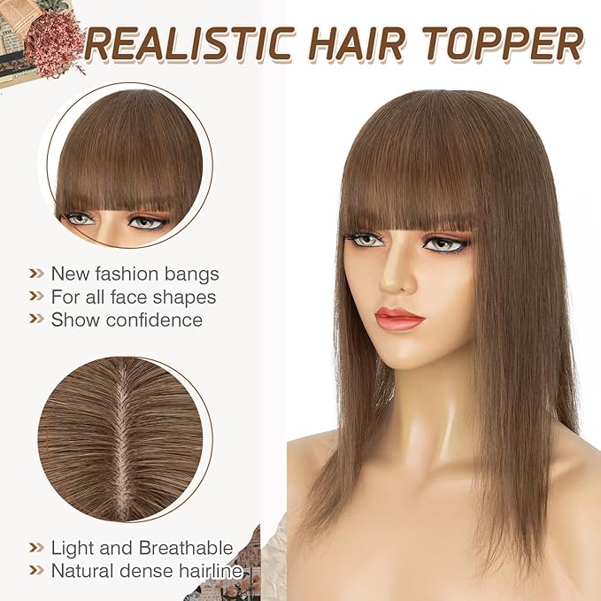 Rich Choices Real Human Hair Toppers for Women With Bang 100% Remy Human Hair Topper for Thinning Hair Clip in Silk Base Hair Topper 6 Inch #4R Chestnut Brown