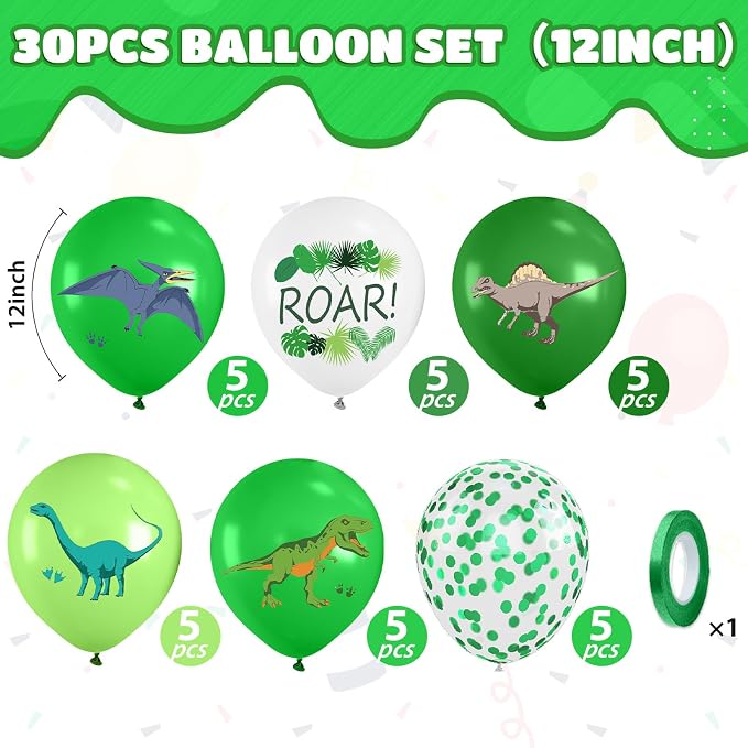 Dinosaur Balloons, 12 Inch Fruit Lime Dark Green White Confetti Balloons - Image 2