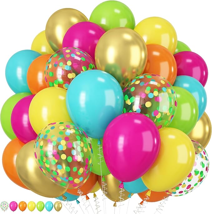 Tropical Balloons, Hot Pink Orange Teal Yellow Green Gold Colorful Confetti by Togvu