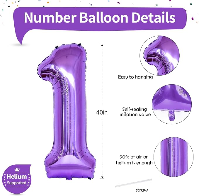 Purple 1 Balloon Number for Girls 1st Girls Birthday, 40 Inch Large Number Foil - Image 2