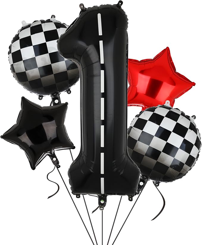 Race Car Birthday Balloons 40 Inch Racetrack Number Balloon 1 Black 5 Pcs | by GGDE