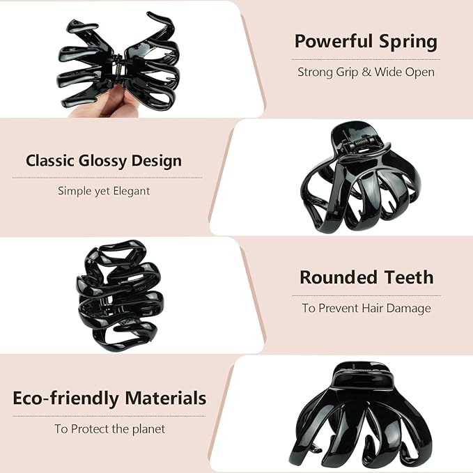 Large Octopus Hair Clips for Thick and All Hair Types, 3.2" Strong Hold Jumbo Hair Jaw Clips for Women and Girls, 6 Packs (Black & Brown)