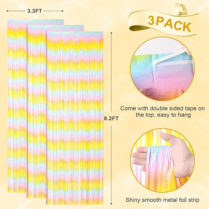 Voircoloria Pastel Foil Fringe Backdrop Curtains, 3 Pack | Tinsel Streamers - Image 3