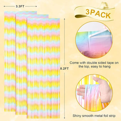 Voircoloria Pastel Foil Fringe Backdrop Curtains, 3 Pack | Tinsel Streamers - Image 3