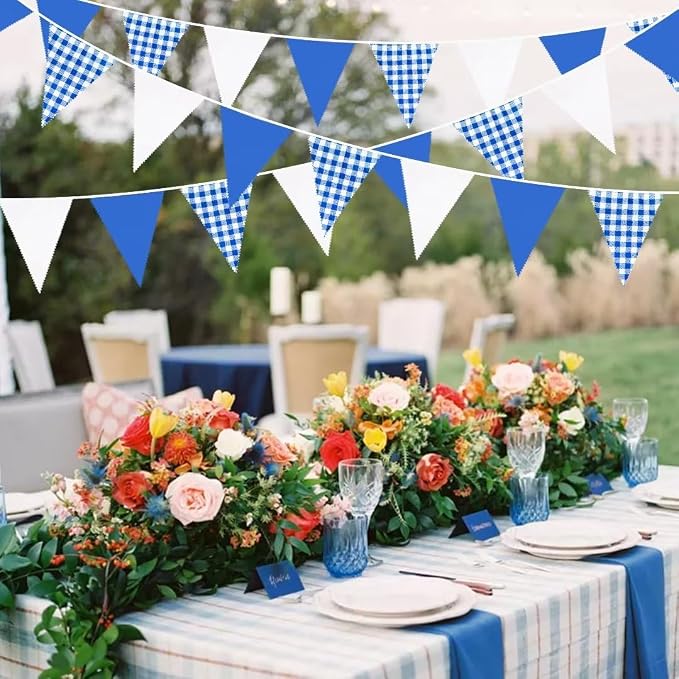 32Ft Deep Blue Party Decorations Blue Buffalo Plaid Checkered White Triangle - Image 3