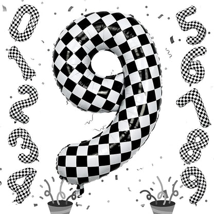 40 Inch Number 9 Balloons for Boys, Checkered Big 9th Birthday Balloons Decor by Isndare