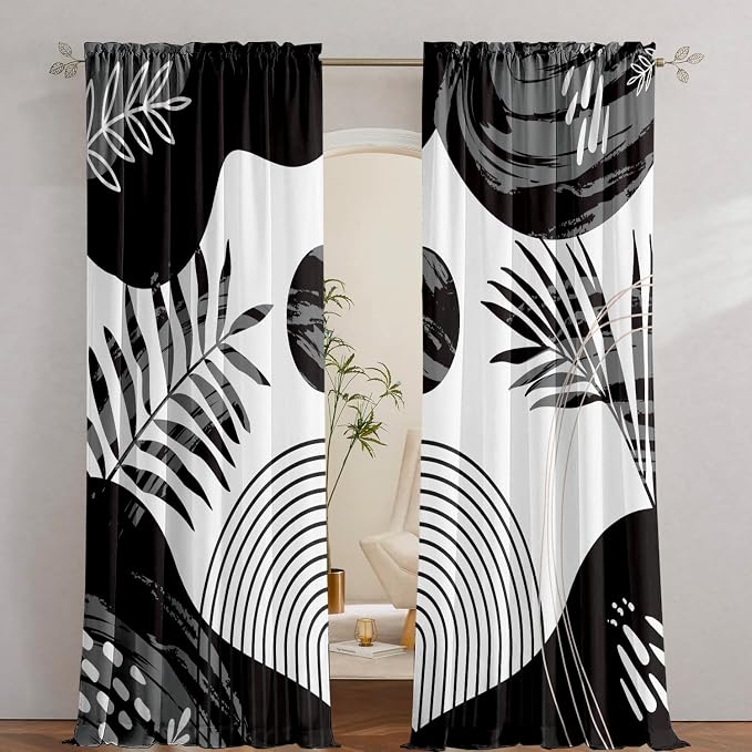 Boho Mid Century Black and White Living Room Curtains, 84 Inch Modern Arch Sun by GOLDLAWN