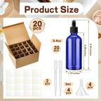 Tessco for you 20 Pack 3.4 oz Glass Dropper Bottles with Glass Eye Droppers for Essential Oils, Empty Oil Bottles with Funnel, Labels and Pipette for Hair Oils Perfume Cosmetic Travel(Blue)