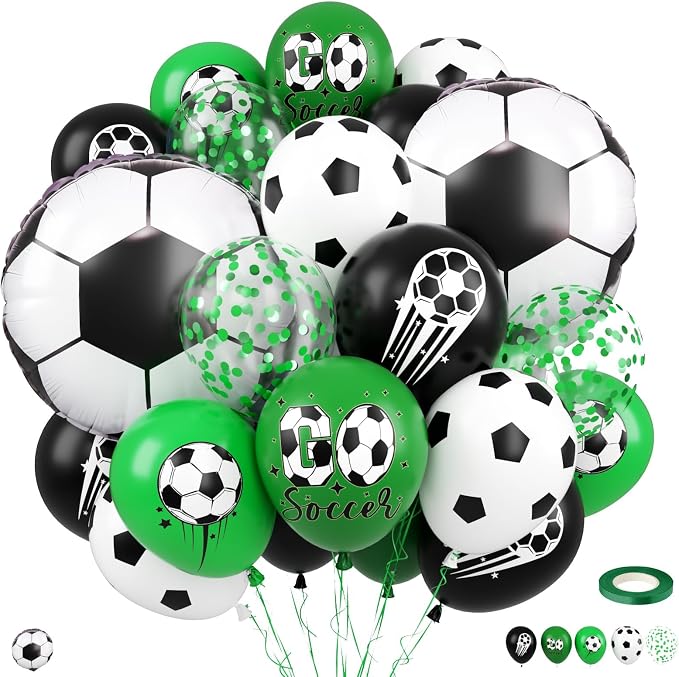 Soccer Balloons, 12 Inch Dark Green Black Confetti Balloons Soccer Print Balloon by FunHot