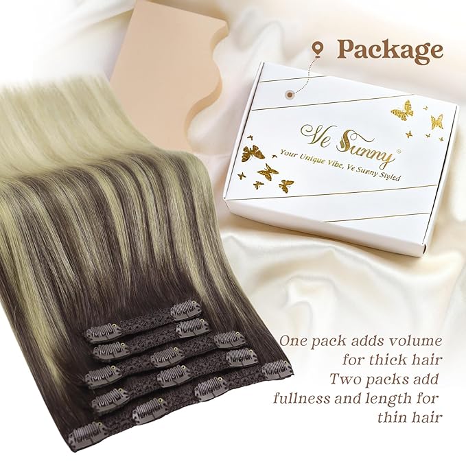 Ve Sunny Clip in Hair Extensions Long Straight Human Hair Clip in Extensions Ombre Real Hair Clips Extensions for Women Dark Brown Ombre Golden Blonde Mix Light Blonde Soft Silky 7pcs 120g 22inch