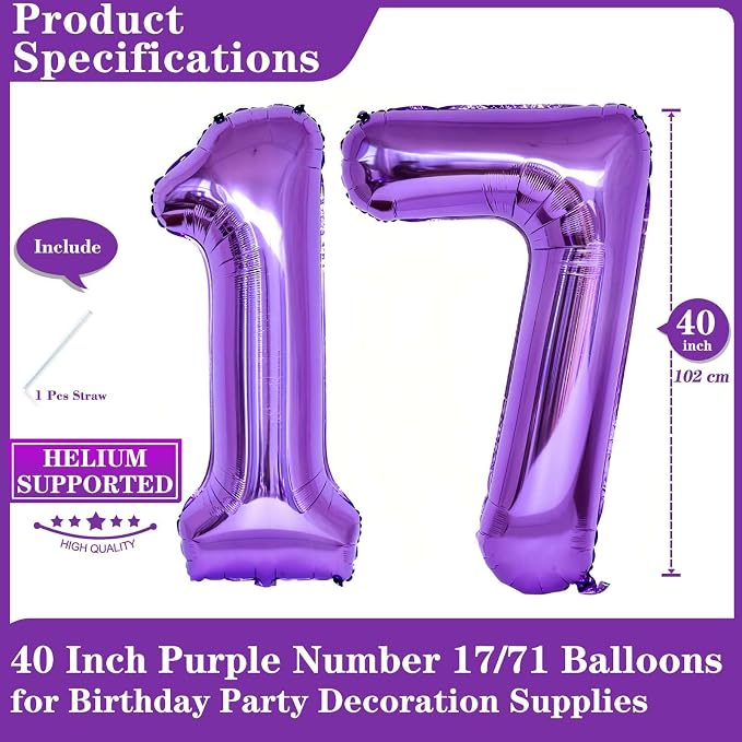 Purple 17 Number Balloons, 40 Inch Giant Number 17 Balloons Foil Mylar Helium - Image 2