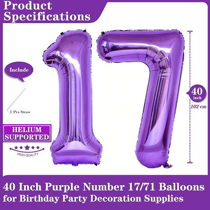 Purple 17 Number Balloons, 40 Inch Giant Number 17 Balloons Foil Mylar Helium - Image 2