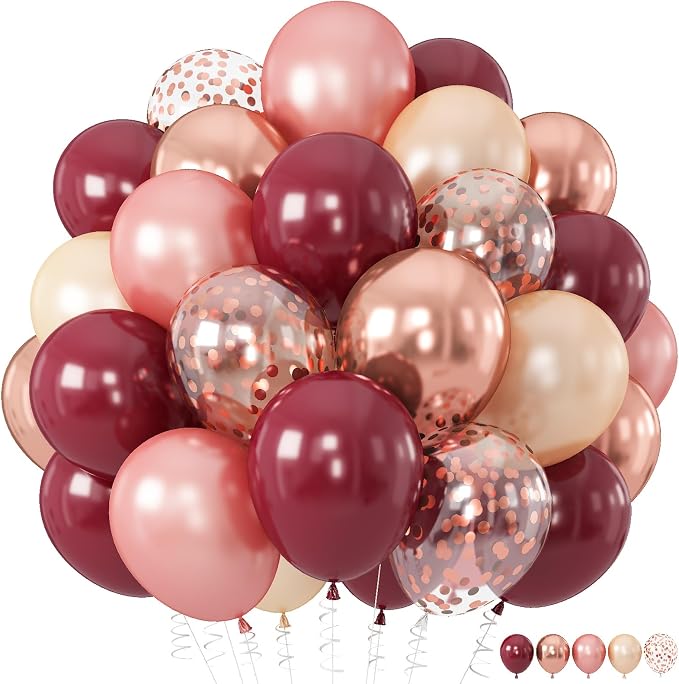 Burgundy Balloons, 12 Inches Maroon Rose Gold Balloons Wine Red and Champagne by Froova