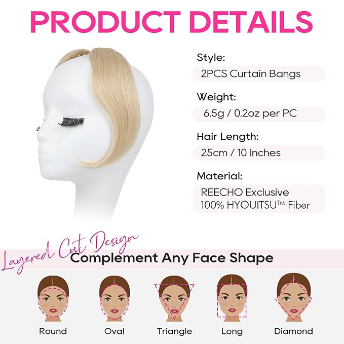 REECHO Bangs Hair Clip in Bangs, 2 PCS Face-Framing Classic Curtain Bangs Fringe Fake Bangs Hairpieces for Women Daily Wear - Light Blonde
