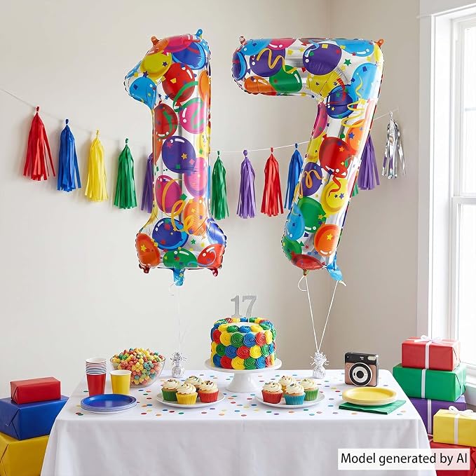 40 Inch Rainbow Balloon Number 17 Balloons, Giant 17th Birthday Supplies | Huge - Image 3