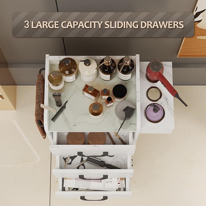 Salon Storage Trolley Cart, Rolling Barber Station w/Toughened Glass Top, Drawers, Hair Dryer Holders, Towel Rack, Locable Wheels for Hair Stylist, Salon Storage Equipment, White Marble