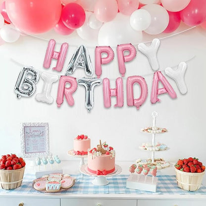 TONIFUL Pink Silver White Happy Birthday Balloons Banner Decor - Image 5