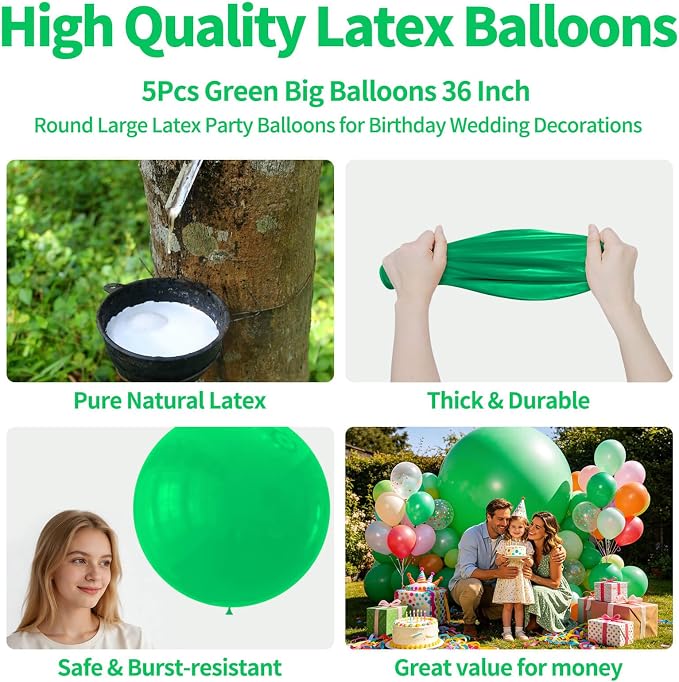 5Pcs Green Big Balloons 36 Inch, Round Large Latex Party Balloons - Image 2