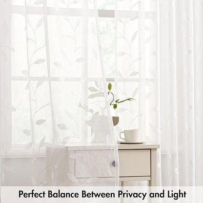 MIULEE White Sheer Curtains 2 Panels Embroidered Leaf Patterned, W52 x L84 | - Image 5