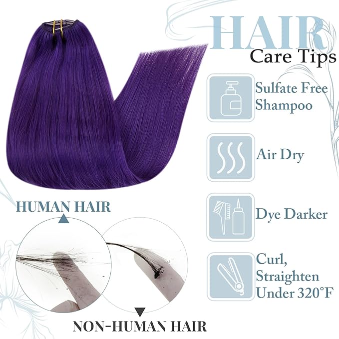 RUNATURE Purple Hair Extensions Clip in Real Human Hair, Full Head Clip in Extensions for Long Hair, Remy Natural Hair Colored Extensions for Women, 22 Inch 70g 5pcs
