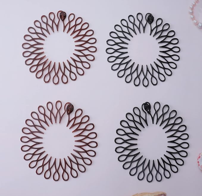 Sowaka 4 Pcs Circular Stretch Comb Plastic Black Brown Circle Spring Headband Flexible Hair Wrap Holder for Women and Girls, Outgoing Sports Accessories (8 shape - black and brown)