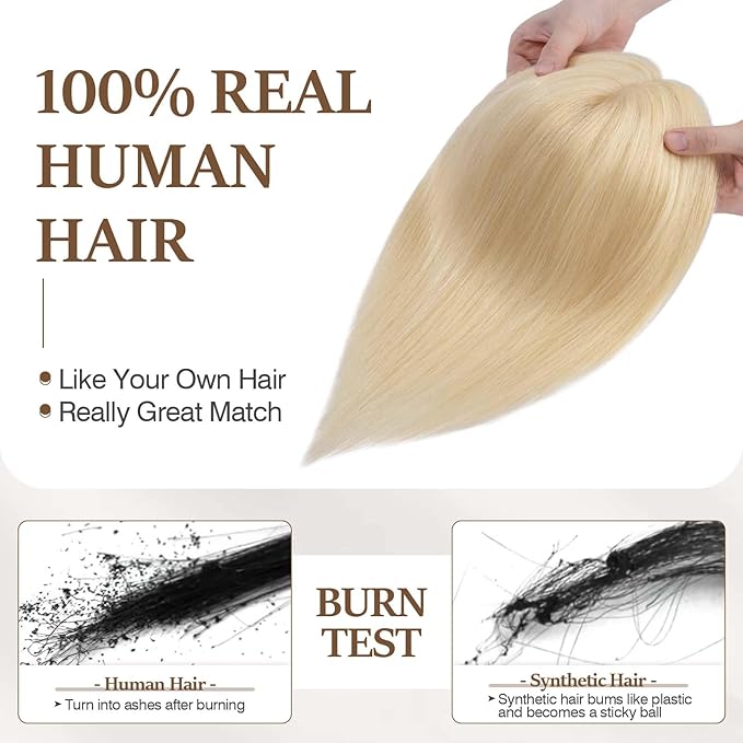 Rich Choices Hair Topper for Women Real Human Hair 100% Human Remy Toppers NO Bangs Hairs Toppers for Women with Thinning Hairs Clip in Hairpiece 4"x4.7"Lace Base 18 Inch #613 Bleach Blonde