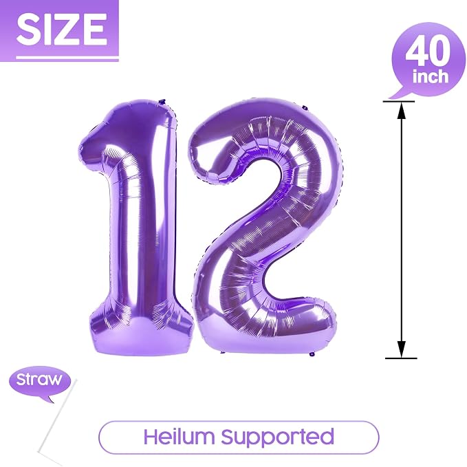 12 Balloon - Purple Birthday Number Balloons, 40 Inch Decorations Men Women | - Image 5