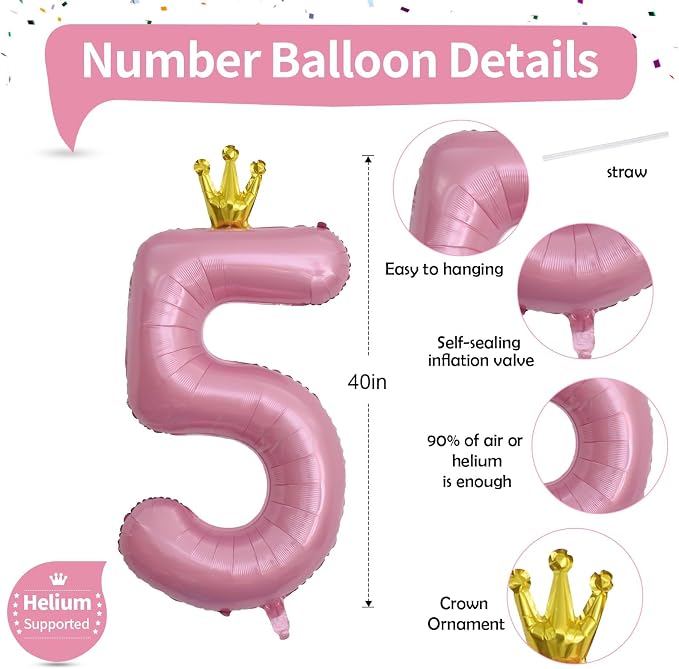 40 Inch Pastel Pink 5 Number Balloons, Giant Foil 5th Birthday Number Balloon - Image 2
