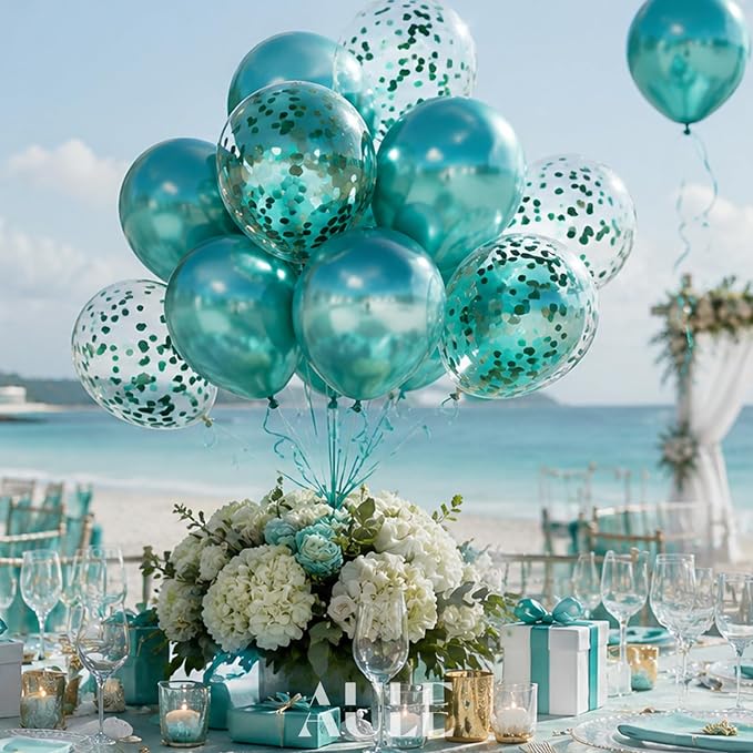 AULE 42Pcs Metallic 12 Inch Green Confetti Balloons Set | Teal Green Party - Image 4