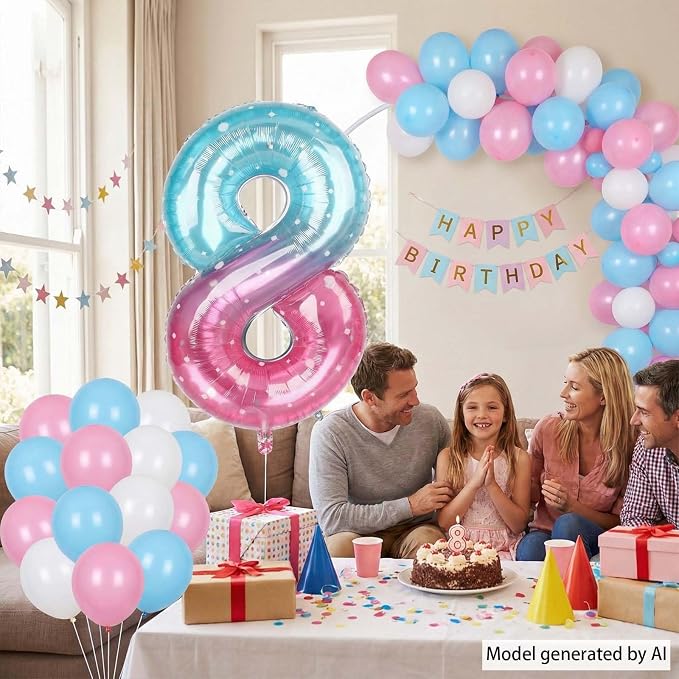 40 Inch Pink Blue Number 8 Balloon, Large Gradient Foil 8 Balloon - Image 2
