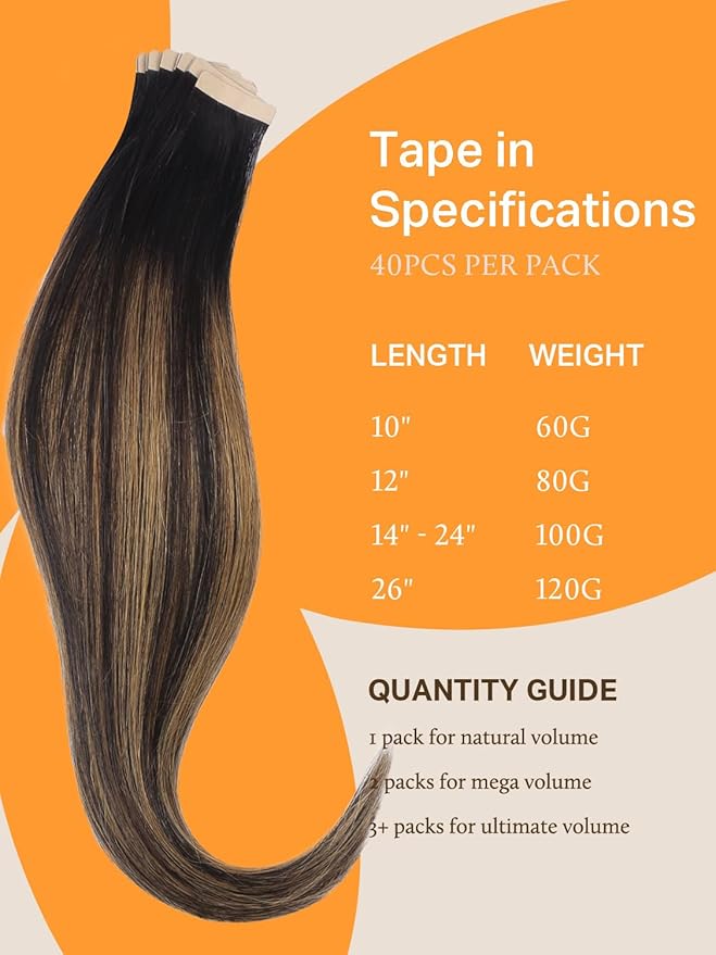 DOORES Tape in Hair Extensions, 100g 40pcs 18 Inch Balayage Natural Black to Chestnut Brown, Straight Skin Weft Human Hair