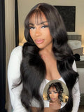 Julia Hair Bye Bye Knots Curtain Bangs Wig Glueless Fluffy Natural Loose Wave Pre Cut 7x5 HD Lace Front Wigs Invisible Pre Plucked Pre Everything Body Wave Put on and Go Wig for Women 26 Inch