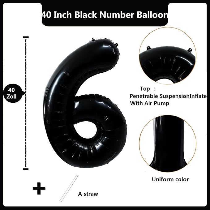 40 inch Black 6 Number Balloon Giant Foil Helium Balloons Black Large Digital - Image 2