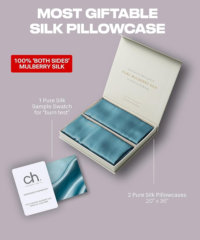 Colorado Home Co 22 Momme Real Silk Pillowcase, Mineral Blue, 2 Pack King Pillowcase, 20" x 36"