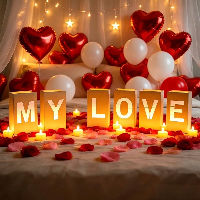 MY LOVE Light Up Letters, with Tea Lights Candles, Rose Petals, Pearlescent - Image 2