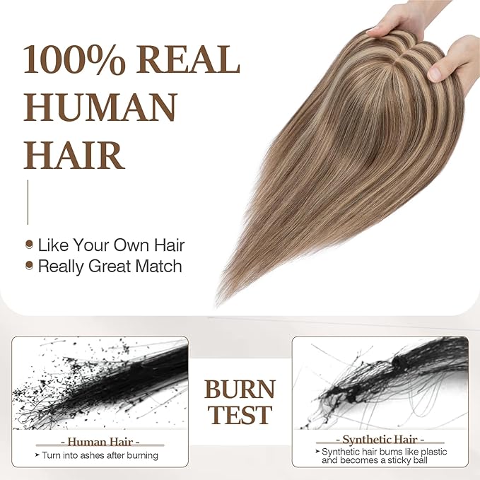 Rich Choices Hair Toppers for Women Real Human Hair 100% Human Remy Toppers NO Bangs with Thinning on Top Clip in Hairpiece 4"x4.7"Lace Base 12 Inch #4P27 Medium Brown Highlights Dark Blonde