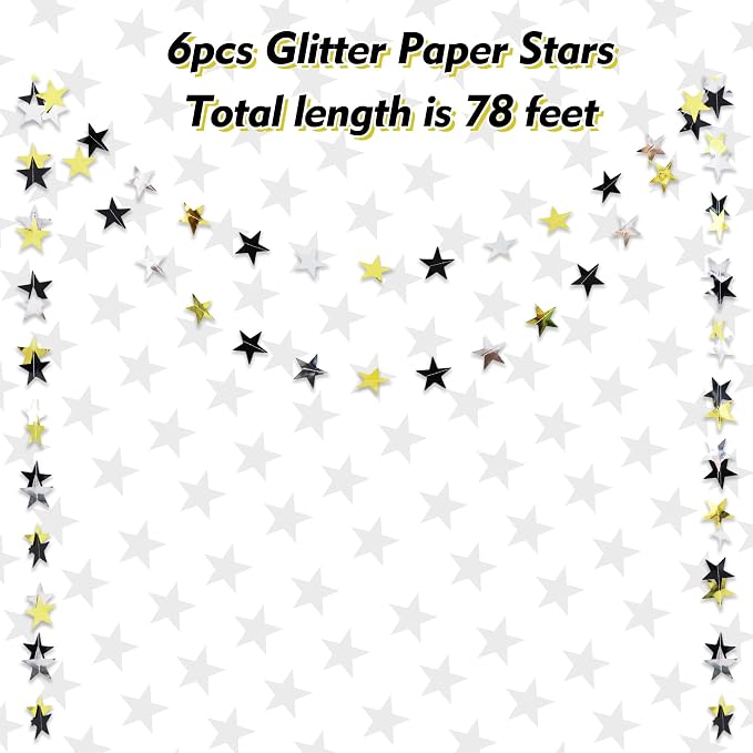 BEISHIDA Black Gold Silver Star Garland Decor Twinkle Paper Star Streamers - Image 2
