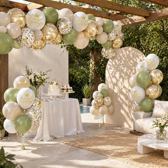 Sage Green Sand White Gold Birthday Balloons, 12 Inch Olive Green Cream Beige - Image 8