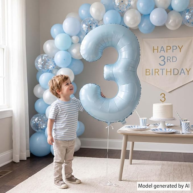 Baby Blue Number 3 Balloon 40 Inch, Sky Pastel Foil Numeral Party Supplies | - Image 6