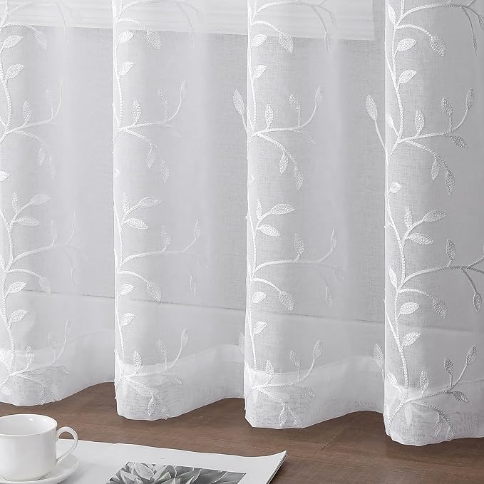 White Sheer Curtains Leaf Embroidery Linen 96 Inches Long | Light Filtering - Image 7